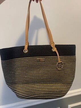 Striped Black & Gold Tote with Tan Handles by AMIANA